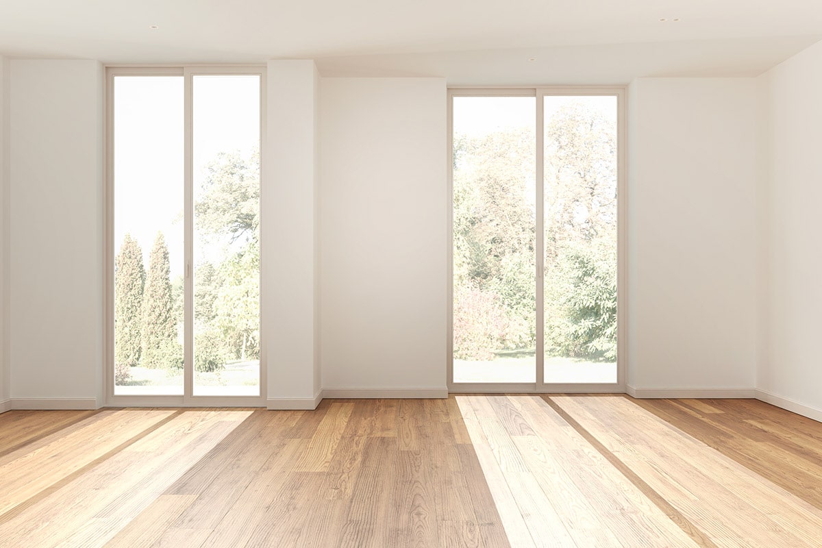 Wooden empty room interior design, open space with parquet floor, panoramic windows, white walls, modern contemporary architecture