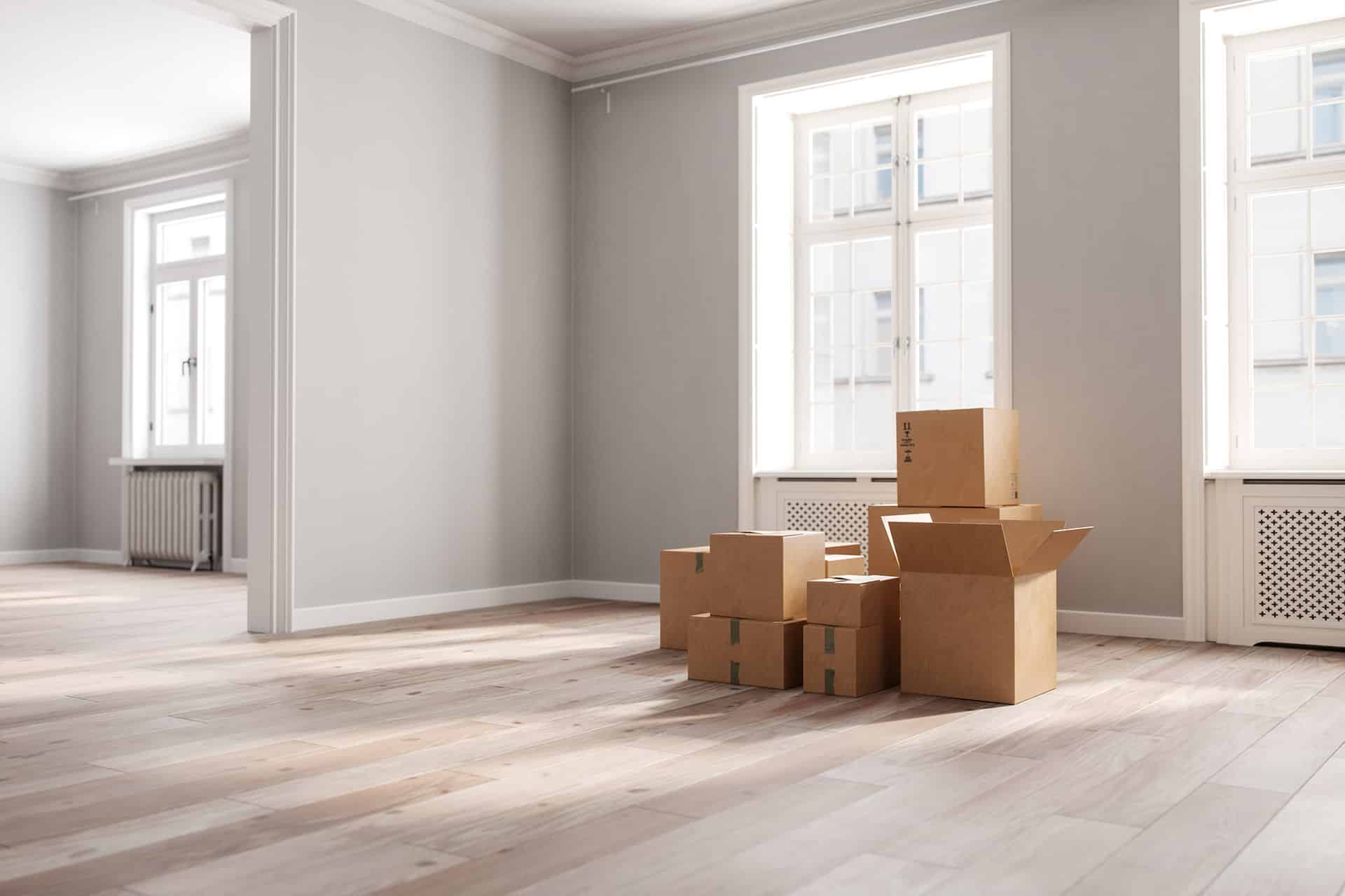 Wooden empty room interior design, open space with parquet floor, panoramic windows, white walls, modern contemporary architecture